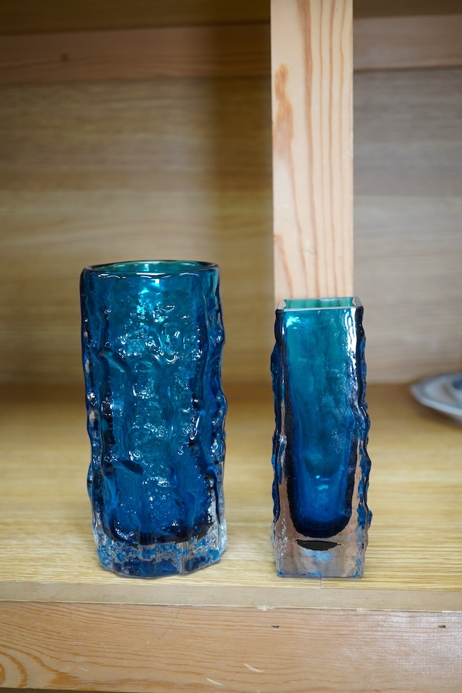 Two Whitefriars bark effect vases - Kingfisher Blue, tallest 15cm high. Condition - good